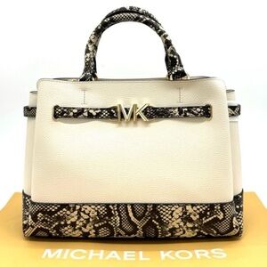 Michael Kors Reed Large Belted Satchel Crossbody Bag Light Cream Snakeskin